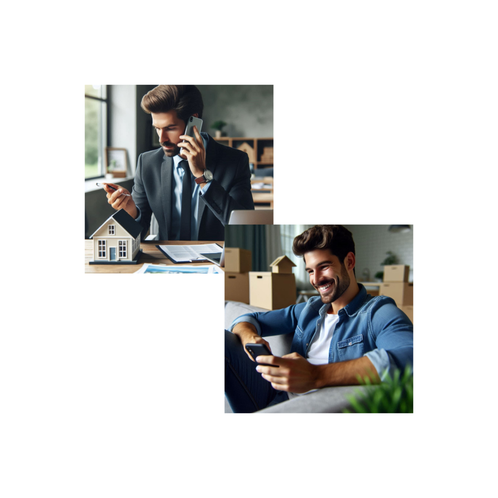 Two images of a real estate agent. The first is of him looking stressed. The second is him looking happy on the couch after joining TRAC.